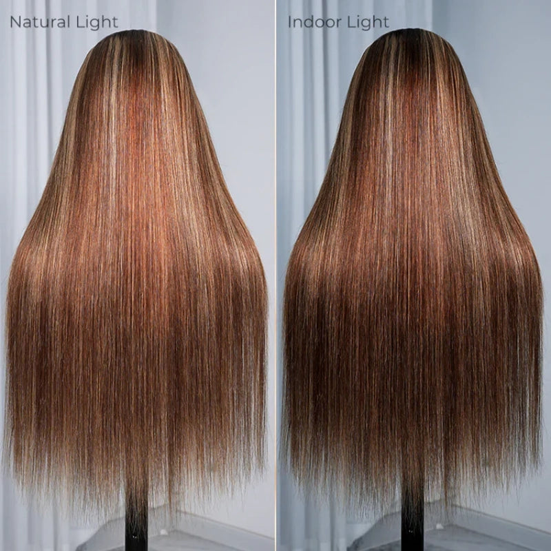 Peruca de Cabelo Humano Liso Com Mechas Castanhas Pré-Tingimento Com Alça Invisível e Frontal de Renda 360