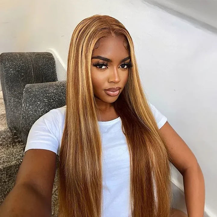 Peruca de Cabelo Humano Liso Com Mechas Castanhas Pré-Tingimento Com Alça Invisível e Frontal de Renda 360