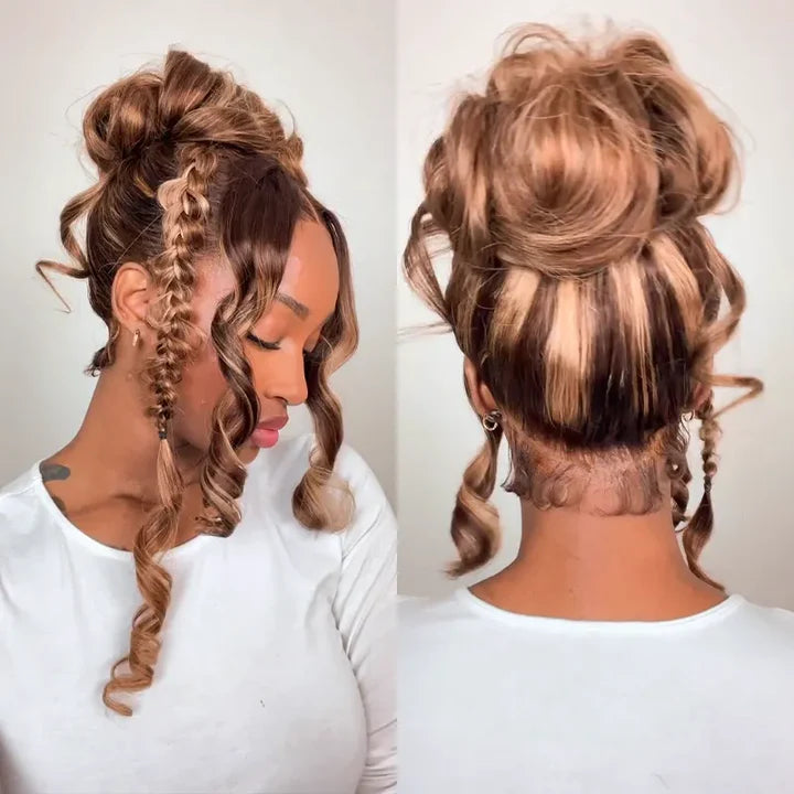 Peruca de Cabelo Humano Liso Com Mechas Castanhas Pré-Tingimento Com Alça Invisível e Frontal de Renda 360