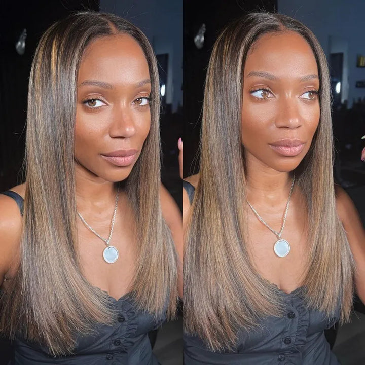 Peruca Longa Com Mechas Loiras, Lisa e Sedosa, Com Frontal de Renda 13x4, Sem Cola e Pré-Cortada
