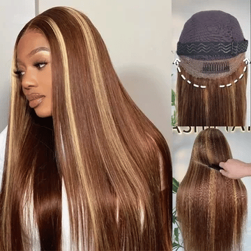 Peruca de Cabelo Humano Liso Com Mechas Castanhas Pré-Tingimento Com Alça Invisível e Frontal de Renda 360