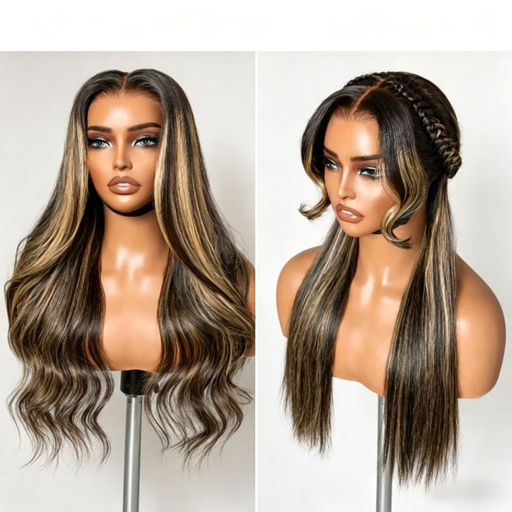 Peruca Longa Com Mechas Loiras, Lisa e Sedosa, Com Frontal de Renda 13x4, Sem Cola e Pré-Cortada