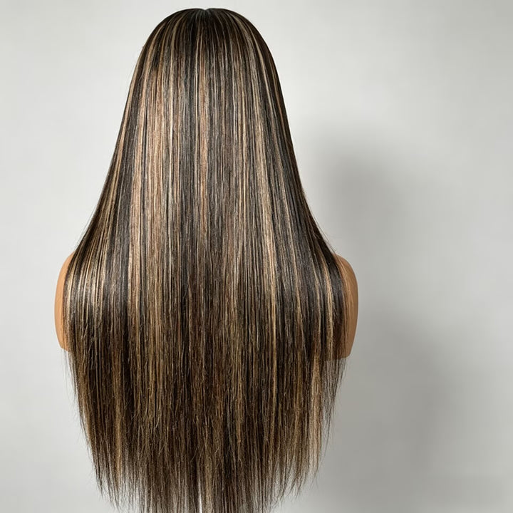 Peruca Longa Com Mechas Loiras, Lisa e Sedosa, Com Frontal de Renda 13x4, Sem Cola e Pré-Cortada