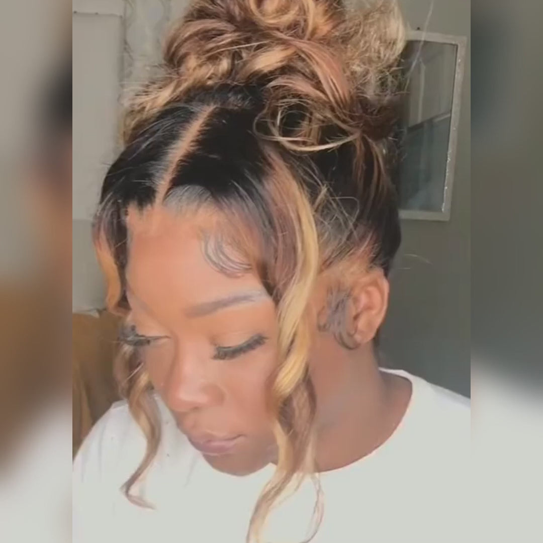 Peruca 360 Full Lace Sem Cola Cabelo Humano Virgem Ondulado Preto com Mechas Ajuste Invisível com Cordão, Fácil de Usar
