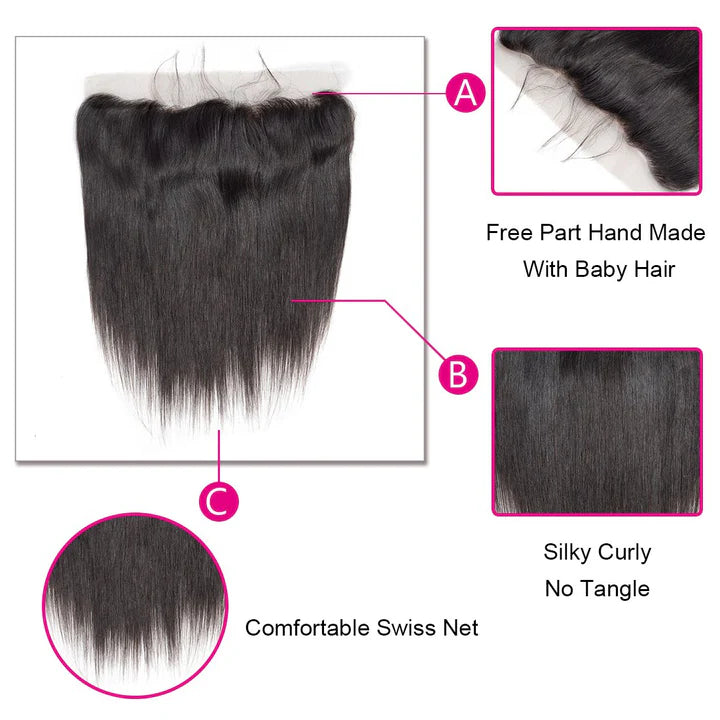 Cabelo Humano Liso 3 Maços com Lace Frontal 13x4 Preto Natural