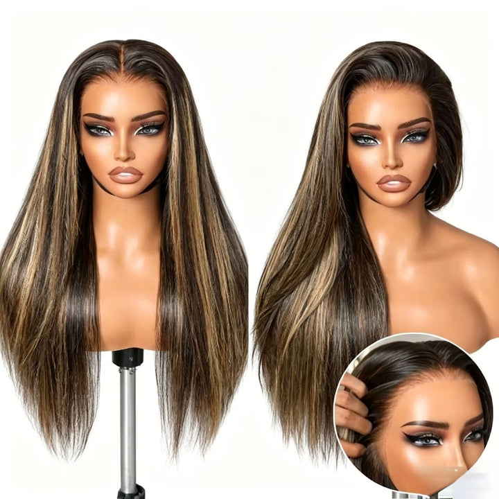 Peruca Longa Com Mechas Loiras, Lisa e Sedosa, Com Frontal de Renda 13x4, Sem Cola e Pré-Cortada