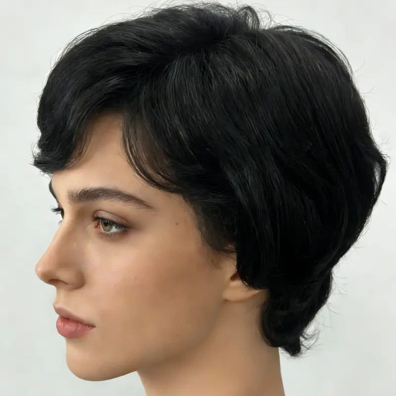 Peruca Curta Preta Zlike, 26 cm de Comprimento, Com Franja Leve e Confortável Elegante e Natural Brilhante e Luminos