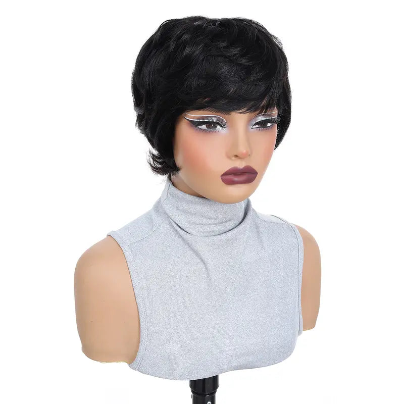 Humano Zlike Peruca Preta Curta de 26 CM Com Franja Leve e Confortável Elegante e Natural Realista e texturizada adequada para uso diário