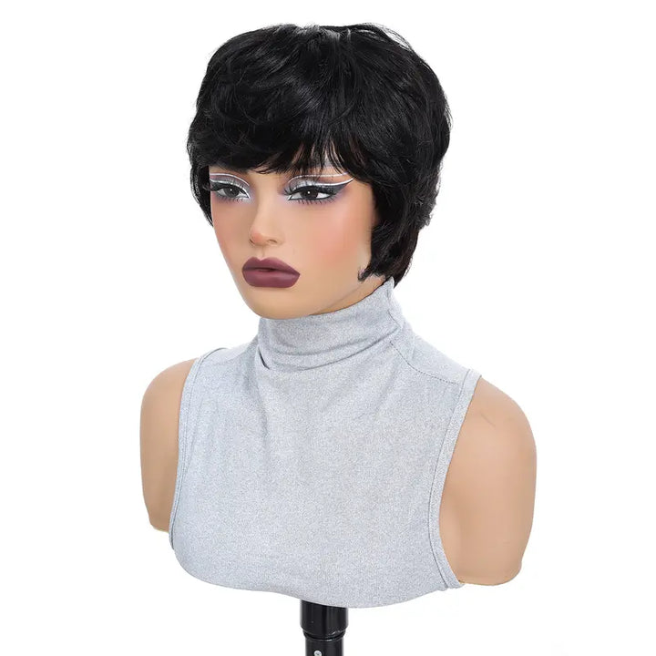 Humano Zlike Peruca Preta Curta de 26 CM Com Franja Leve e Confortável Elegante e Natural Realista e texturizada adequada para uso diário