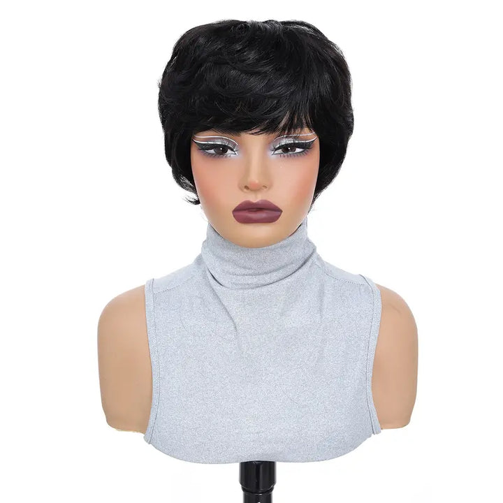 Humano Zlike Peruca Preta Curta de 26 CM Com Franja Leve e Confortável Elegante e Natural Realista e texturizada adequada para uso diário