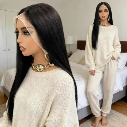 Humano Zlike Peruca de Cabelo Humano Ocidental de 60cm 13*4 Lace Front Wig Cabelo Liso Natural Conjunto Comple