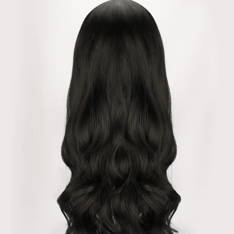 Peruca 70cm Cabelo Longo Cacheado Preto Névoa Suave Com Franja - Capuz Completo de Ondas de Água Descontraída