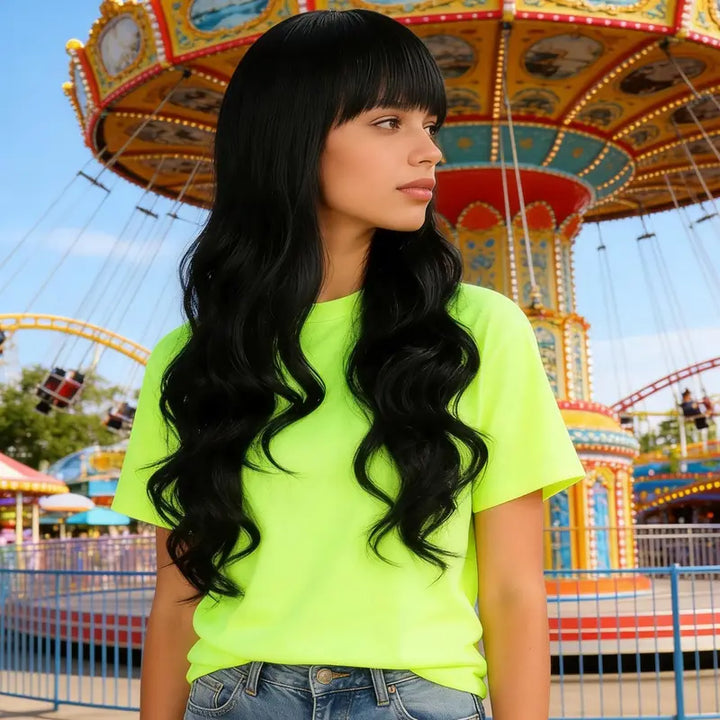 Peruca 70cm Cabelo Longo Cacheado Preto Névoa Suave Com Franja - Capuz Completo de Ondas de Água Descontraída