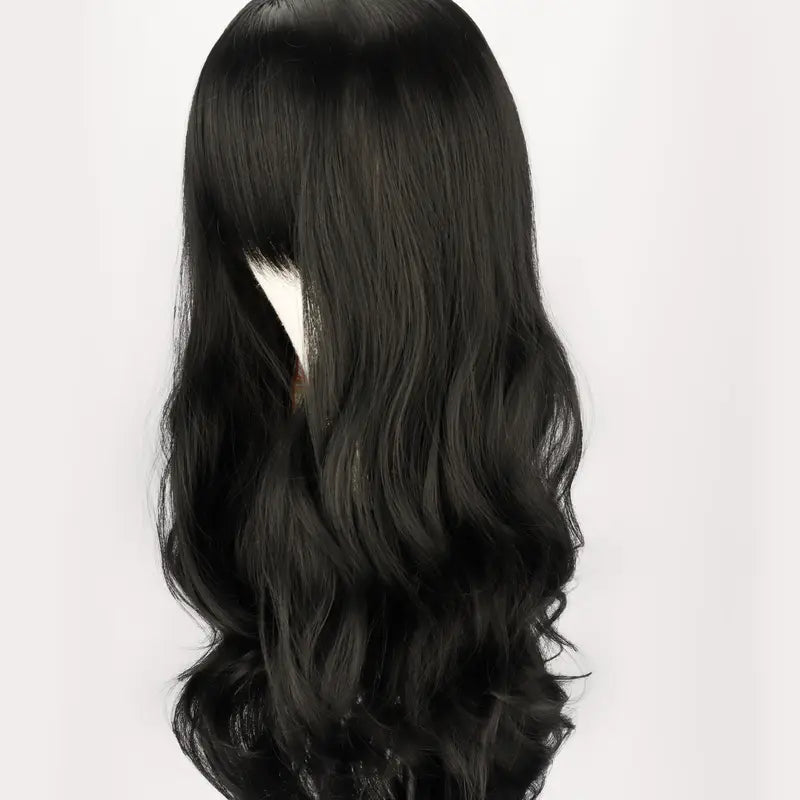 Peruca 70cm Cabelo Longo Cacheado Preto Névoa Suave Com Franja - Capuz Completo de Ondas de Água Descontraída