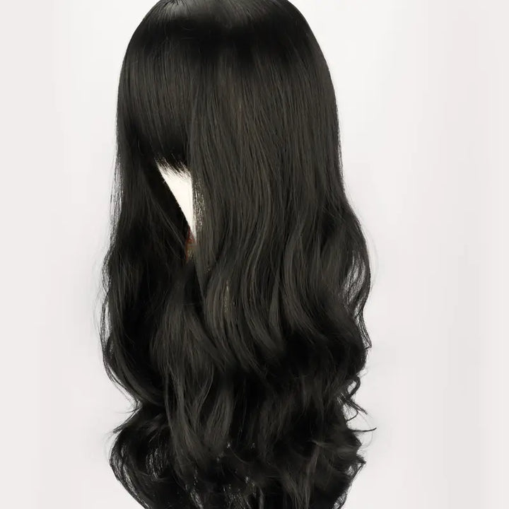 Peruca 70cm Cabelo Longo Cacheado Preto Névoa Suave Com Franja - Capuz Completo de Ondas de Água Descontraída
