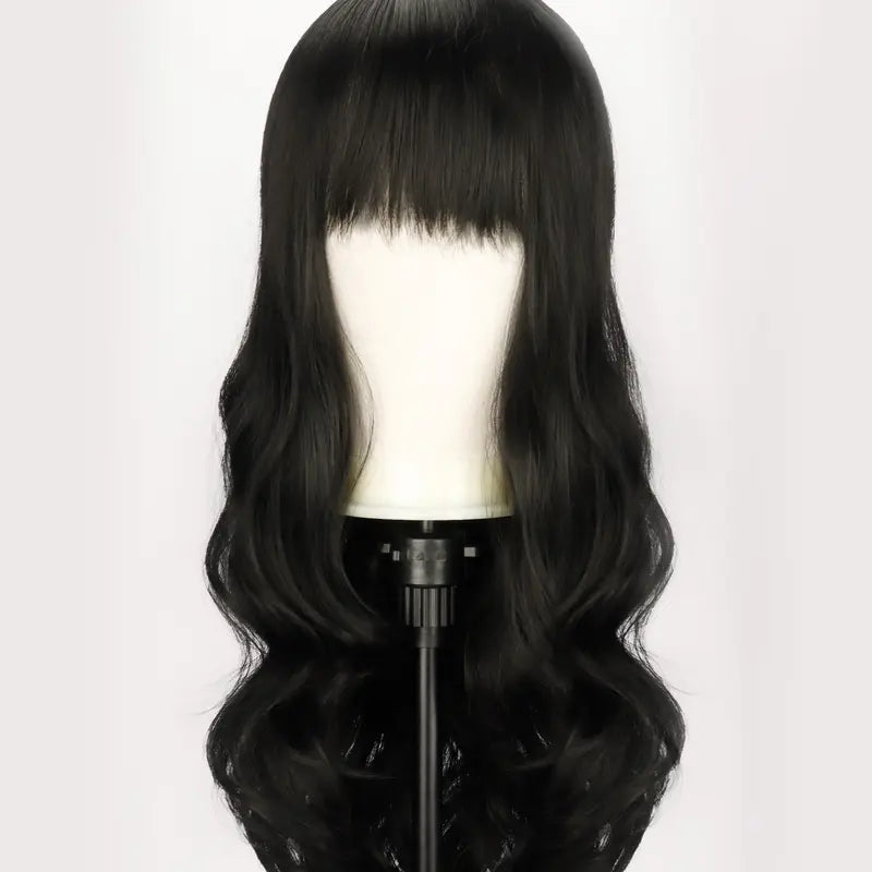 Peruca 70cm Cabelo Longo Cacheado Preto Névoa Suave Com Franja - Capuz Completo de Ondas de Água Descontraída