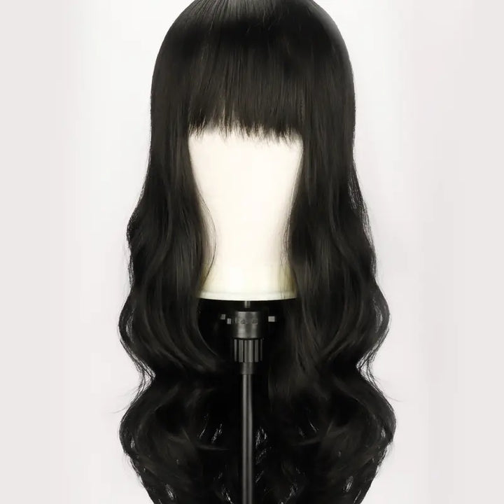 Peruca 70cm Cabelo Longo Cacheado Preto Névoa Suave Com Franja - Capuz Completo de Ondas de Água Descontraída