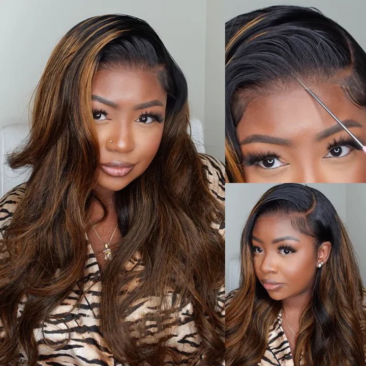Peruca 360 Full Lace Sem Cola Cabelo Humano Virgem Ondulado Preto com Mechas Ajuste Invisível com Cordão, Fácil de Usar