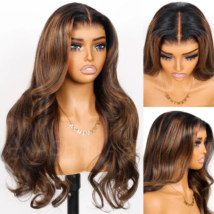 Peruca 360 Full Lace Sem Cola Cabelo Humano Virgem Ondulado Preto com Mechas Ajuste Invisível com Cordão, Fácil de Usar